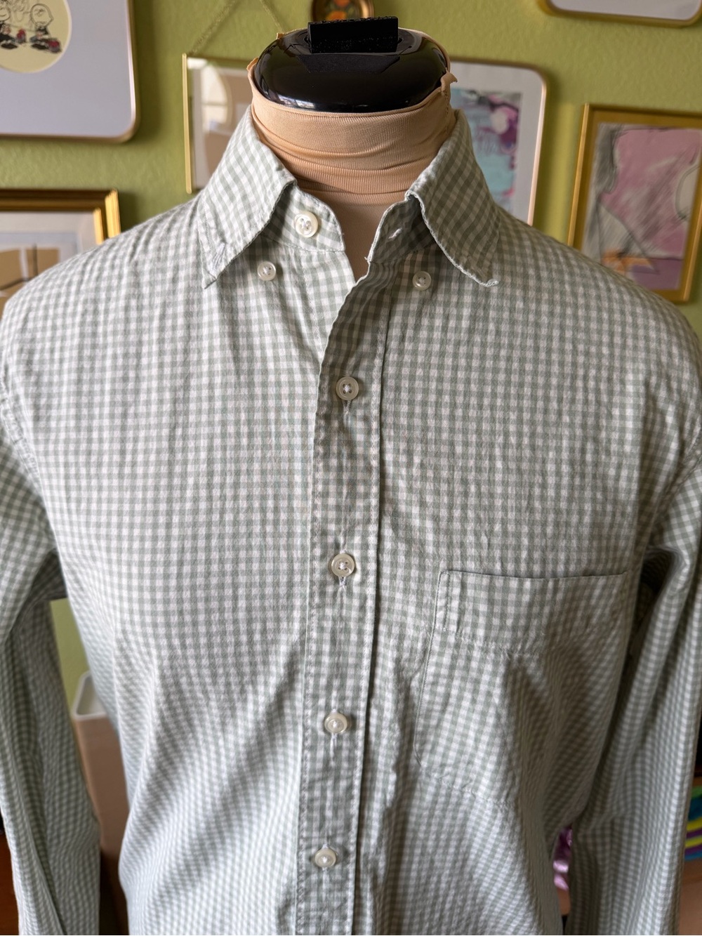 J.Crew Slim Secret Wash Button Down, Green White Gingham, Organic Cotton, Small